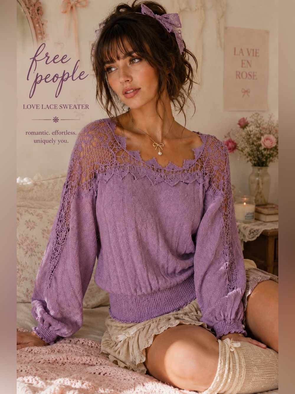 Free People Love Lace Sweater XS Lavender Purple Crochet Trim Boho Romantic Y